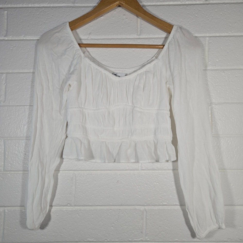 Hollister‎ Sheer Smocked Peasant Crop Top Small Ruffle Boho Cottagecore Milkmaid
